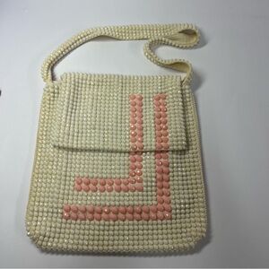 Vintage Pink and White Beaded Flap Purse Shoulder Bag